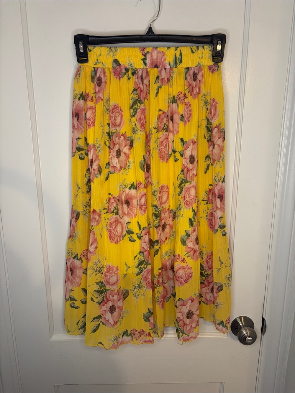 Vici Yellow Midi Skirt with Pink Floral Print and Green Leaves